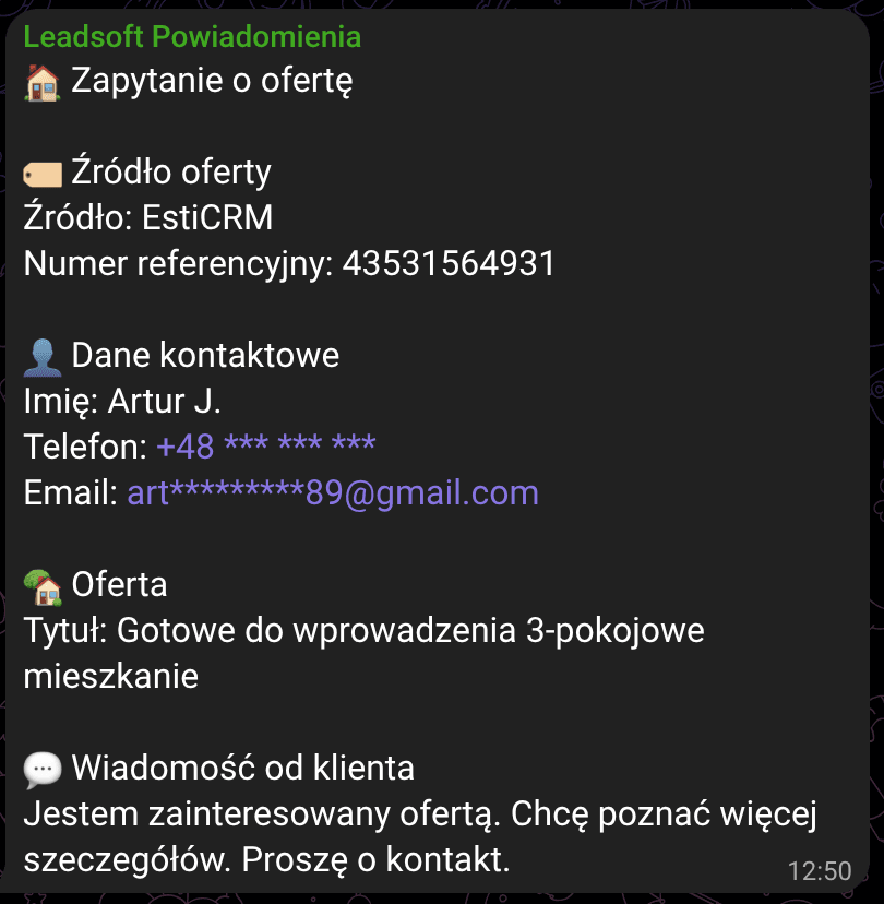 Powiadomienie o nowym leadzie na Telegramie